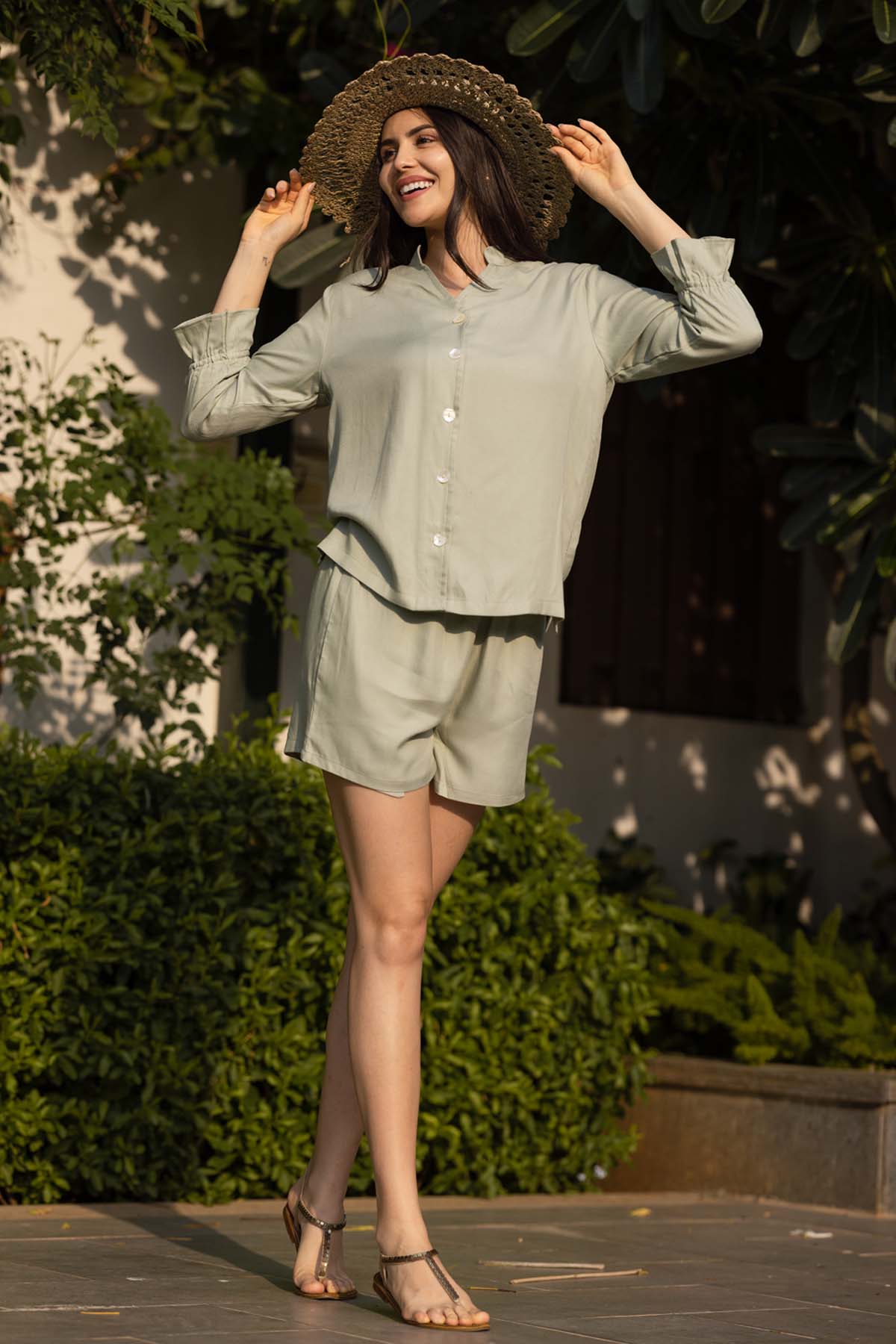 Buy Designer Sage Green Shirt & Shorts Set Online